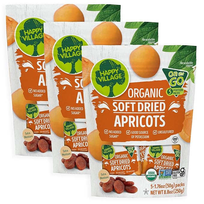 Happy Village Organic Soft Dried Apricots On the Go – 3 Bags (15 Individual Portion Packs) | Healthy, Organic, Non-GMO, Vegan, Kosher, Gluten-Free Snack Packs