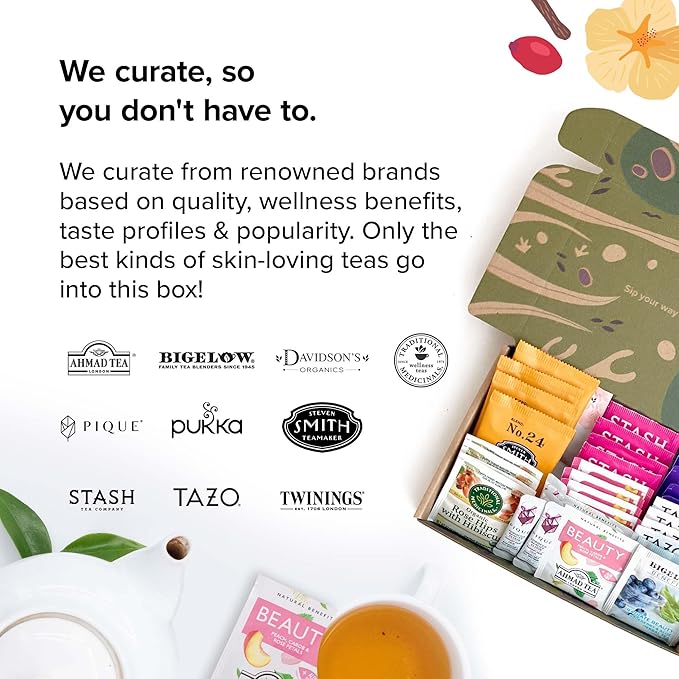 Skin Glow Wellness Tea Sampler - 40 Tea Bags, 10 Flavors - Hibiscus, Rosehip, Aloe Vera, Licorice Root - Vegan, Gluten-Free, Organic Herbal Tea Gift for Skincare Lovers