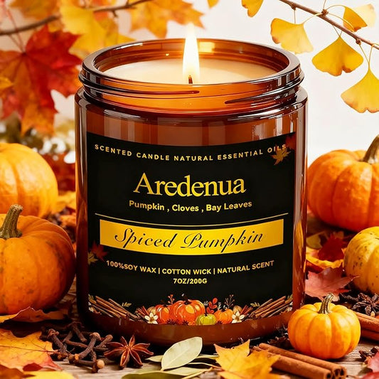 Fall Candles - Spiced Pumpkin Scented Candle, Autumn Scented Candles for Home - Natural Soy Autumn Candle - 7 oz Aromatherapy Candle, Fall Gifts for Women Men
