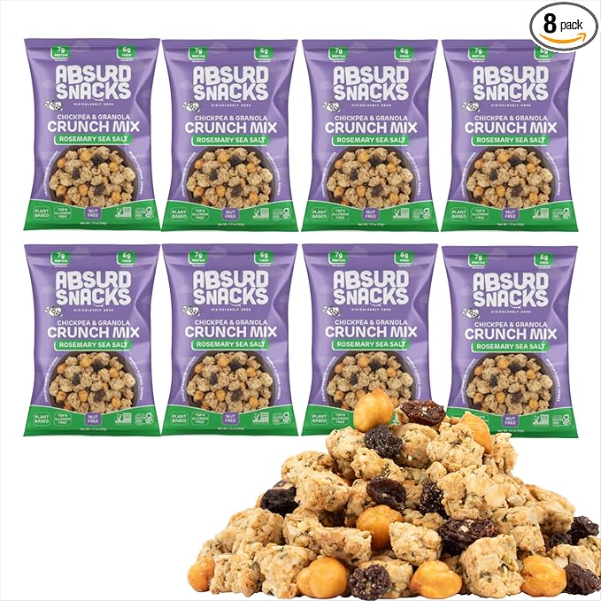 Absurd Snacks Chickpea & Granola Crunch Mix, Rosemary Sea Salt, Nut-Free, Gluten-Free, Plant-Based, Good Source of Protein & Fiber, Top-9 Allergen Free Snack Mix - 8-Pack (1.5 ounce, 8 servings)