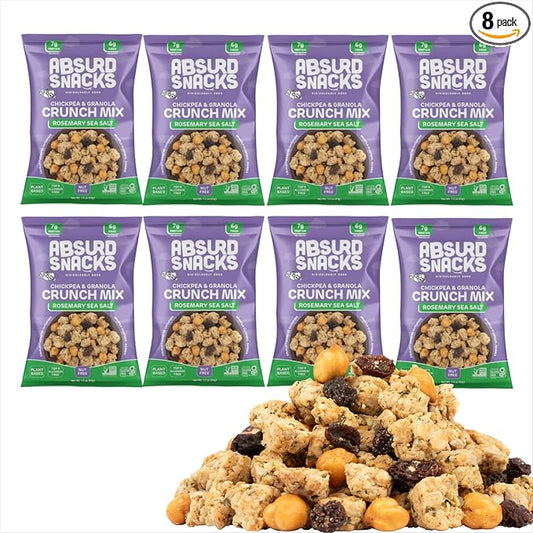Absurd Snacks Chickpea & Granola Crunch Mix, Rosemary Sea Salt, Nut-Free, Gluten-Free, Plant-Based, Good Source of Protein & Fiber, Top-9 Allergen Free Snack Mix - 8-Pack (1.5 ounce, 8 servings)