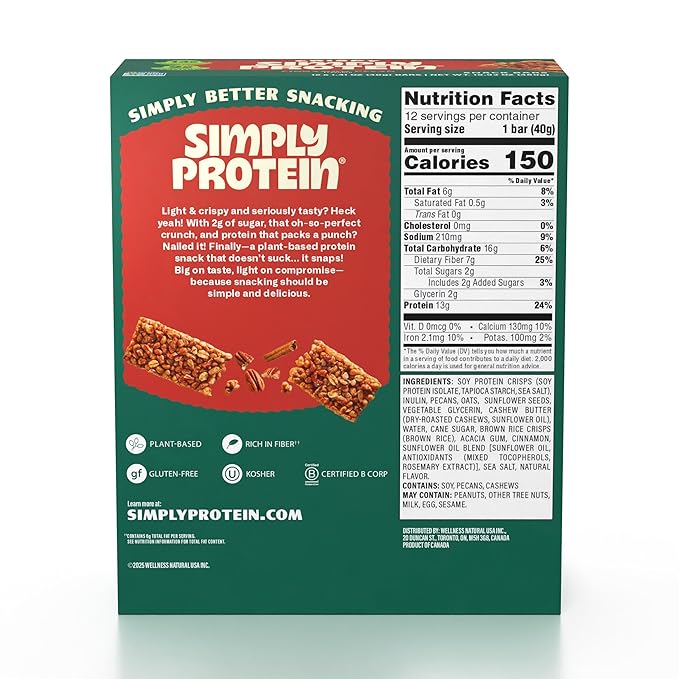 Simply Protein - Cinnamon Pecan Crispy Bars - Plant Based Protein Bars - Low Carb, Low Sugar, High Fiber - 13g Protein, 2g Sugar, 7g Fiber - Vegan, Gluten Free, Non GMO, Kosher - 12 Bars