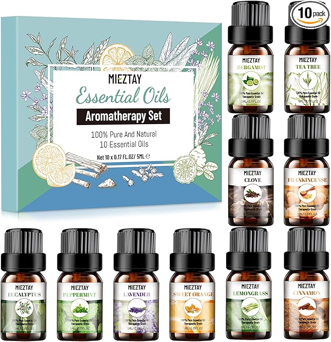 Essential Oils Set - 10x5ML Premium Essential Oil Kit for Candle Making, Diffusers, Massages, Aromatherapy, Skin Care - Lavender, Eucalyptus, Peppermint, Tea Tree, Sandalwood Aromatherapy Oils