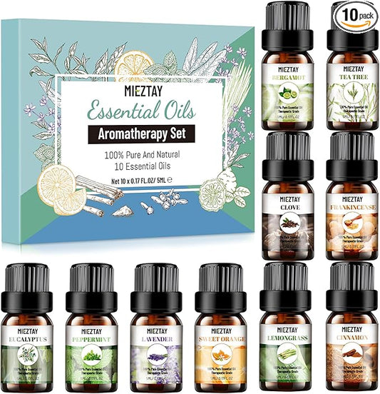 Essential Oils Set - 10x5ML Premium Essential Oil Kit for Candle Making, Diffusers, Massages, Aromatherapy, Skin Care - Lavender, Eucalyptus, Peppermint, Tea Tree, Sandalwood Aromatherapy Oils