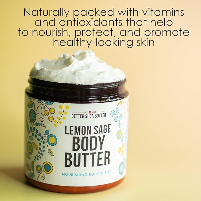 Lemon Sage Body Butter - Whipped Organic Shea Butter with Jojoba Oil and Essential Oils, Natural Lotion for Women and Men, Lemon Scented Moisturizer with No Synthetic Fragrances