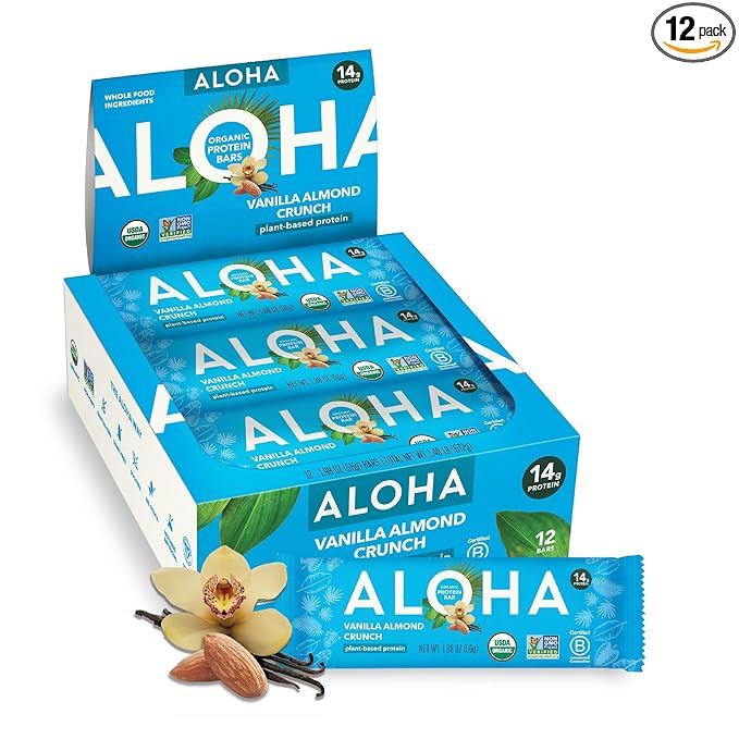 ALOHA Organic Plant Based Protein Bars, Vanilla Almond Crunch, 1.98-Ounce Bars, (Pack of 12)