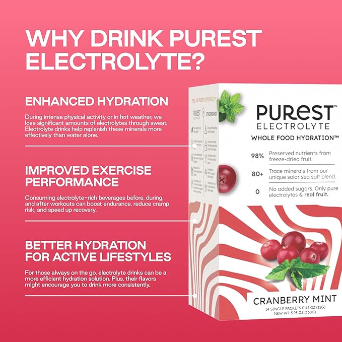 Know Brainer New! Purest Electrolyte Cranberry Mint Powder Packets – Whole Food Hydration - Organic Freeze-Dried Fruits and Solar Sea Salts for Ultimate Electrolyte Balance