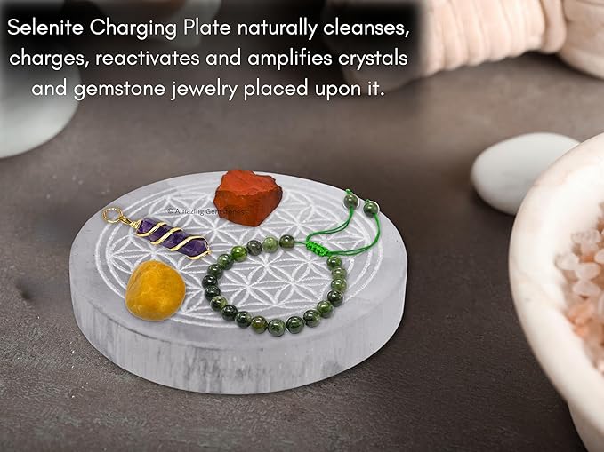 Amazing Gemstone Selenite Crystal Charging Plate For Crystals And Healing Stones, 3" Selenite Crystal Plate Engraved Flower of Life Coaster For Home, Office Table Decor (Selenite Round Disc)