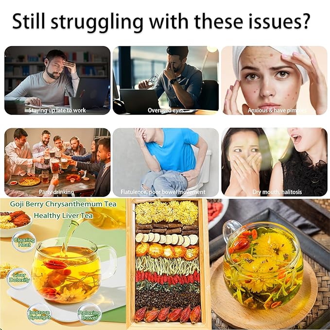 Goji Berry Chrysanthemum Tea for Liver Health, 8 Excellent Raw Material Formulas, Chinese Health Herbal Tea, Liver Cleanse & Detox Herbal Tea Bags, 15Bag, Vegan, Sugar-Free & Caffeine-Free (2Box(30Bags))