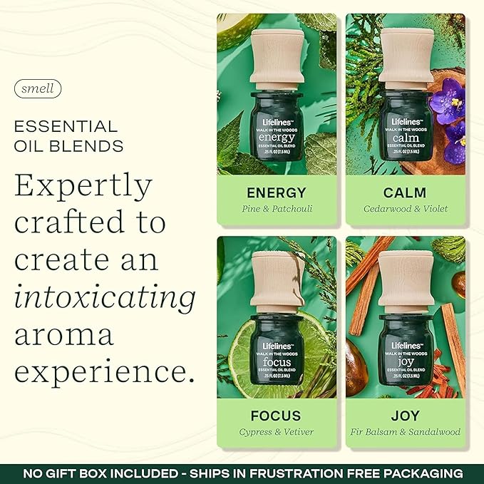 Lifelines Essential Oil Blends, 4-Pack - Blended Essential Oils with Precision Pump for Aromatherapy Diffusers - Long-Lasting Scented Fragrance - Walk in The Woods (Joy, Calm, Focus & Energy)