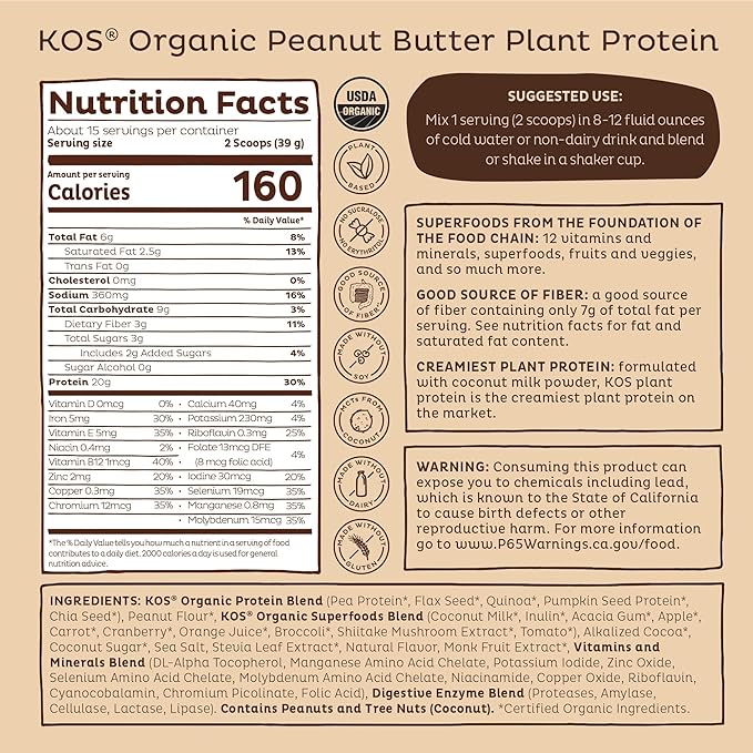 KOS Organic Plant Based Protein Powder, Chocolate Peanut Butter - Delicious Vegan Protein Powder - Keto Friendly, Gluten Free, Dairy Free & Soy Free - 15 Servings