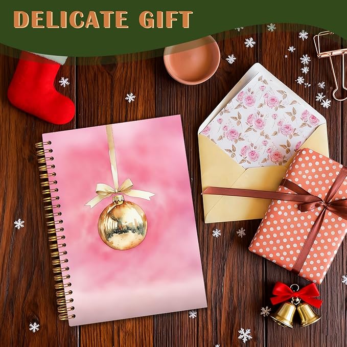 Exqcom Pink and Gold Christmas Ball Spiral Notebook Gifts, Vintage Xmas Ball Holiday Journal for Women, Pink Hardcover Notebook Journal Office School Supplies, 5.5x8.3 Inch