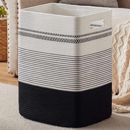 Laundry Hamper, Large Woven Rope Tall Laundry Basket with Handles, 22" X 17" X 13", Decorative Storage Basket for Clothes and Blankets in Living room, Bedroom, Black& White