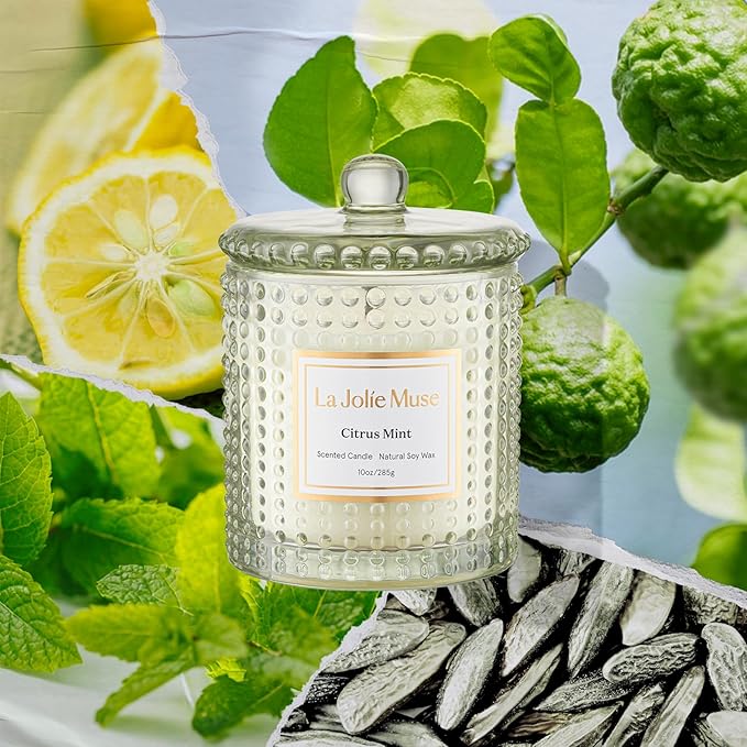 LA JOLIE MUSE Citrus Mint Candle, Summer Candles for Home Scented, Luxury Eucalyptus Candles Gifts for Women & Men, Natural Soy Wax, 75 Hours 10 OZ
