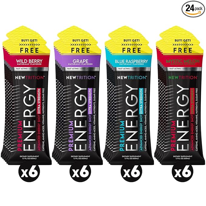 NewTrition® Extra Strength Energy Shots, 250mg Caffeine Energy Shots with Vitamin B & Amino Acids, Sugar-Free Vitamin Energy Shot, 1.7 fl oz (Pack of 24, 4 Flavors - Mixed 1)