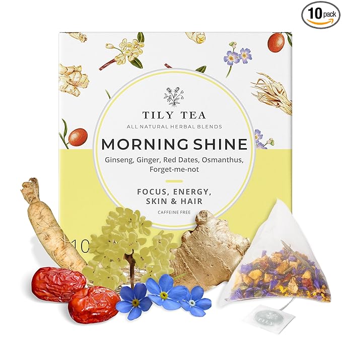 Tily Tea Morning Shine Breakfast Tea - Natural Herbal Tea for Focus and Energy - Ginger and Ginseng - Caffeine Free - 10 Plastic-Free Tea Bags