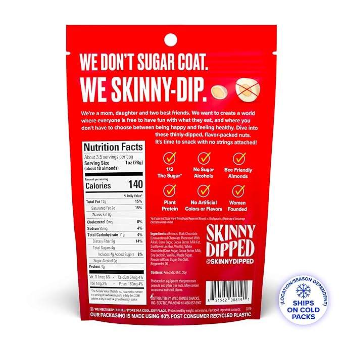 SkinnyDipped Dark Chocolate Peppermint Almonds, Healthy Snack, Plant Protein, Gluten Free, 3.5 oz Resealable Bags, Pack of 5