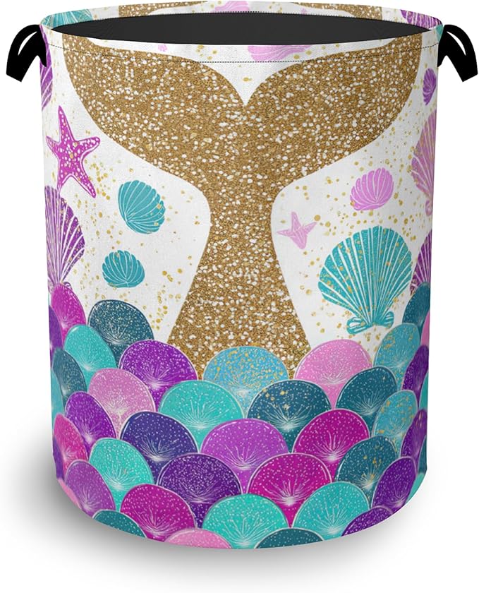 Fish Scales Laundry Basket,Mermaids Seashell Foldable Oxford Cloth Tote Bag Laundry Hamper Clothes Storage Bucket Organizer for Bedroom Laundry Storage Dormitories 16" x 20.8"