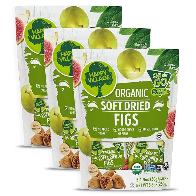 Happy Village Organic Soft Dried Figs On the Go – 3 Bags (15 Individual Portion Packs) | Healthy, Organic, Non-GMO, Vegan, Kosher, Gluten-Free Snack Packs