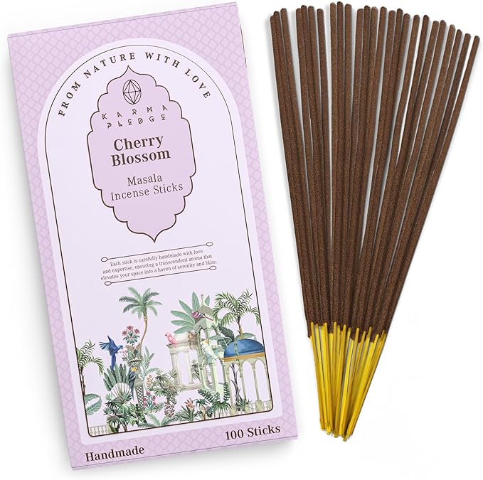 Incense Sticks, Cherry Blossom Incense, Pack of 100 Stick, Hand Rolled Aromatic Masala Made with Natural Ingredients, 45-60 Minute Burn Time, Best for Home Fragrance, Meditation, Yoga, Relaxation