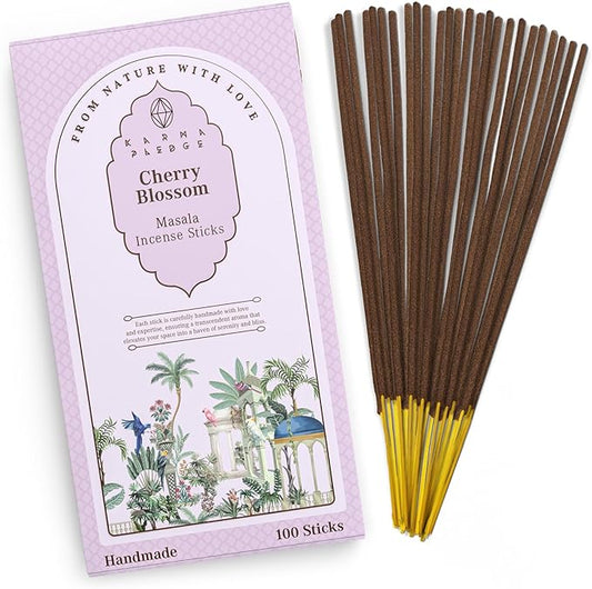 Incense Sticks, Cherry Blossom Incense, Pack of 100 Stick, Hand Rolled Aromatic Masala Made with Natural Ingredients, 45-60 Minute Burn Time, Best for Home Fragrance, Meditation, Yoga, Relaxation