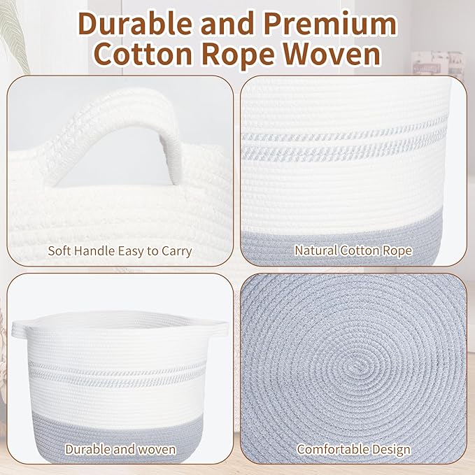 55L Woven Cotton Rope Storage Basket with Handles: 17.7"x13.7" Laundry Hamper for Clothes, Blanket Baskt, Nursery Storage and Laundry Basket for Toys, Towels, Books, Light grey
