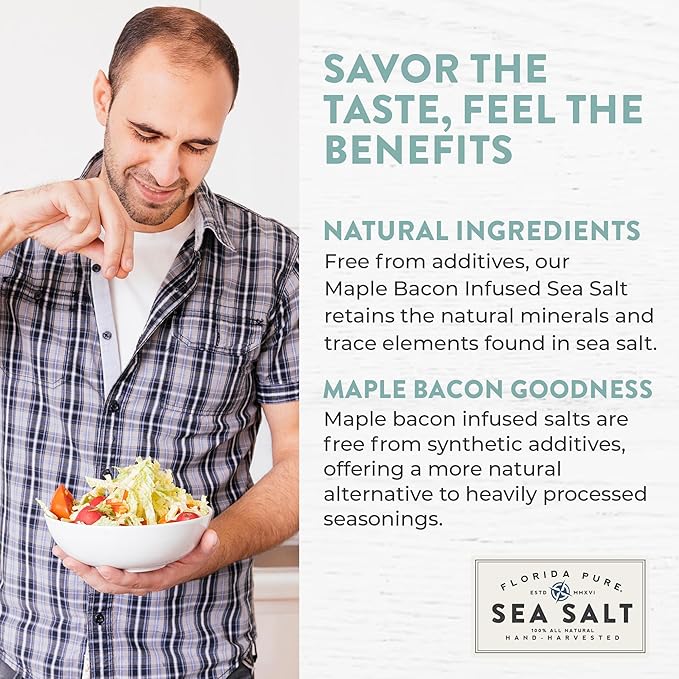 FLORIDA PURE Maple Bacon Sea Salt - Smoky, 80+ Mineral Salt, Natural, Unrefined, Non Iodized - for Baking, Cooking, Seasoning & Enhancing Taste - Flaky Sea Salt (4.5 oz Jar)