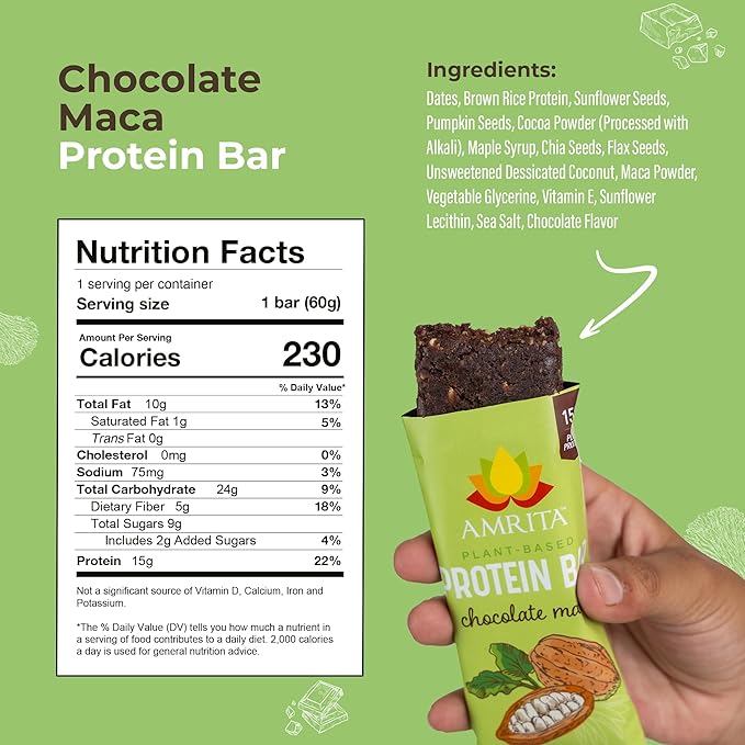 Amrita Nut Free Chocolate Maca Vegan Protein Bars (12 Count PK of 3) | 12g Plant-Based Protein Bar | Peanut Free, Gluten Free, and Dairy Free | Low Sugar, High Fiber, Healthy School-Safe Snacks