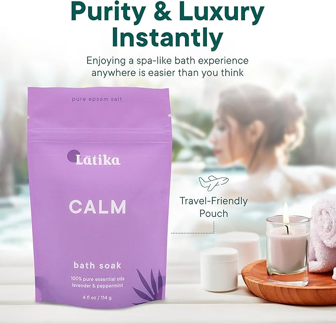 Latika Soaks Set of 3 - Calm Bath Soaks with Lavender & Peppermint, Moisturizing Epsom Salt Soak for Stress Relief, Relaxation, and Skin Nourishment, at-Home Spa Retreat Gift