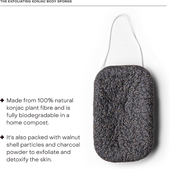 Everist The Exfoliating Konjac Body Sponge, Natural, Reusable, Compostable Bath Sponge for Sensitive Skin, Charcoal Cleansing, 60+ Uses, 1 Each