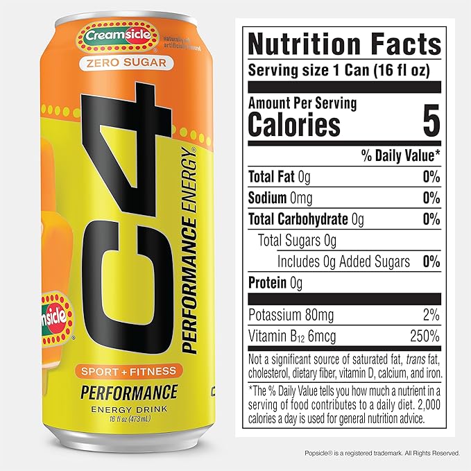 Cellucor C4 Performance Energy Drink | Zero Sugar Carbonated Preworkout Energy | 200mg Caffeine with Beta Alanine | Orange Creamsicle | 16 Fl Oz (24 Pack)