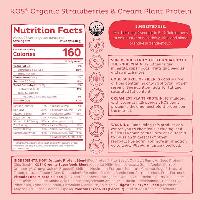 KOS Vegan Protein Powder, Strawberries & Cream USDA Organic - Low Carb Pea Protein Blend, Plant Based Superfood with Vitamins & Minerals, Gluten Free - Meal Replacement for Women & Men - 28 Servings