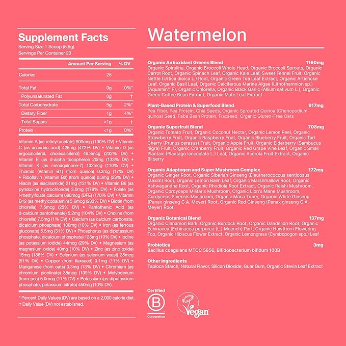 Huel Daily Greens Single Serve Watermelon| Superfood Greens Powder | 91 Vitamins, Minerals, and Wholefood-Sourced Ingredients | Adaptogens, Antioxidants, Gut-Friendly Probiotics | 12 Pack