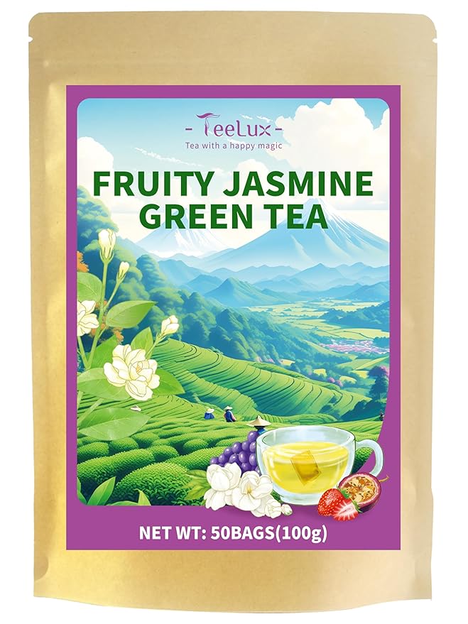 TeeLux Fruit Scented Jasmine Green Tea, Brisk Green Tea with Natural Fruity Jasmine Flavor, Pleasant Floral & Fruit Aroma, 50 Count