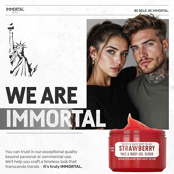 Immortal NYC Strawberry Crush Face & Body Scrub Mask Gel- Moisturizing and Exfoliating Body, Face, Hand, Foot Scrub - Fights Acne, Fine Lines & Wrinkles, Great Gifts For Women & Men - 10 oz