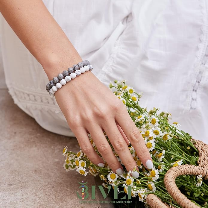 Bivei Natural Gemstone Semi Precious Healing Crystals Handmade Stretchy Round Beads Bracelet, Enhance Positive Energy