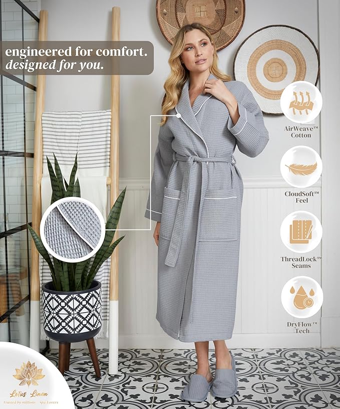 Lotus Linen Waffle Robes for Women - Lightweight Cotton Kimono Bathrobe - Long Soft Spa Bath Robe