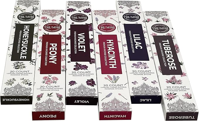 Blossom Incense Sticks Variety Pack - 120 Insence-Sticks (6 Incents x 20 Insense) - Peony Honeysuckle Lilac Violet Hyacinth Tuberose - Natural Inscents-Sticks Non Toxic Incienso + Stick Incense Holder