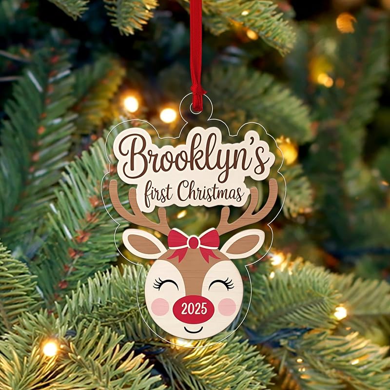 Personalized Reindeer Baby’s First Christmas Ornament, New Baby Christmas Gift for Baby Shower, Family Keepsake, Baby’s 1st Xmas Decoration Acrylic Ornament – Personalized