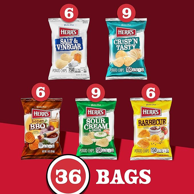Herr’s Potato Chips, Variety Pack, Gluten Free Snacks, 1oz Bag (36 Count)