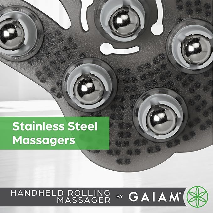 Gaiam Restore Hand-Held Rolling Massager, Palm-Shaped Roller Glove with Seven 360-degree Stainless Steel Roller Balls, Arms, Chest, Thigh, Back & Neck Massager to Reduce Sore Muscles