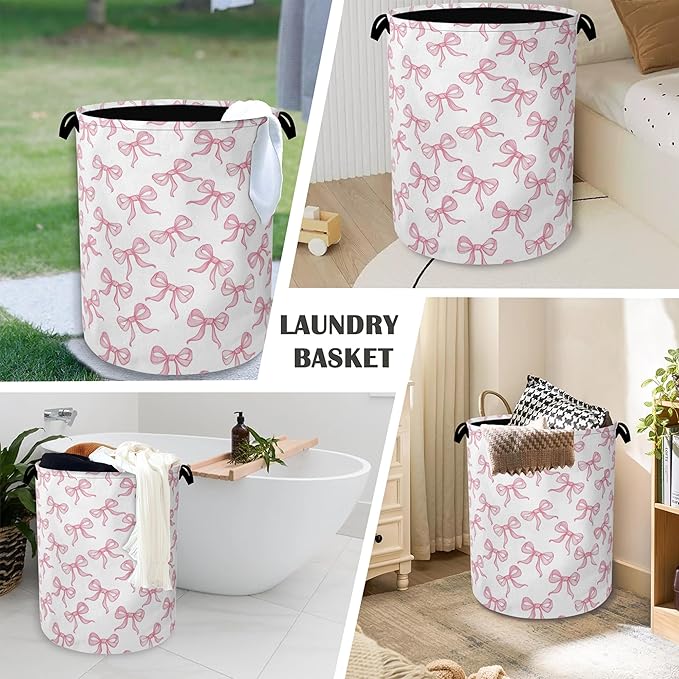 Cute Pink Bow Laundry Basket,Foldable Oxford Cloth Tote Bag Laundry Hamper Clothes Storage Bucket Organizer for Bedroom Laundry Storage Dormitories 16" x 20.8"