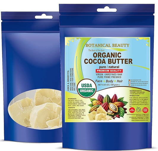 Botanical Beauty Organic COCOA BUTTER WILD GROWTH RAW VIRGIN UNREFINED from BRAZIL for Face, Skin, Hair, Body, Nails 4.23 oz 120 gram. Rich in Vitamin E