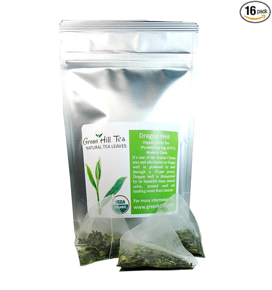 Organic Dragon Well , a classic Chinese Green tea distinguished by its color , shape and taste 16 tea bags