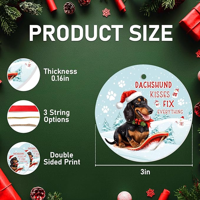 34HD Dachshund Skiing Gifts for Christmas, Dachshund Kisses Fix Everything Christmas Ornament for Tree 2025 Ceramic 2-Side Printed, Dog Lover Gifts for Men Women