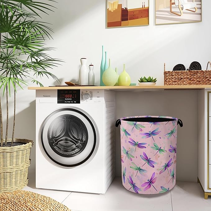 Colorful Dragonfly Laundry Basket,Foldable with Handles Tote Bag Oxford Cloth for Bathroom Bedroom Dirty Clothes Storage Bucket 16" x 20.8"