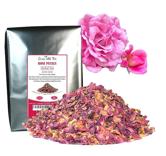Greenhilltea Premium Dried Rose Petals - Caffeine Free Rose Tea - Edible Flowers for drinks, Baking, Desserts, Cocktails, Wedding Toss & Herbal Tea Infusions 1 LB