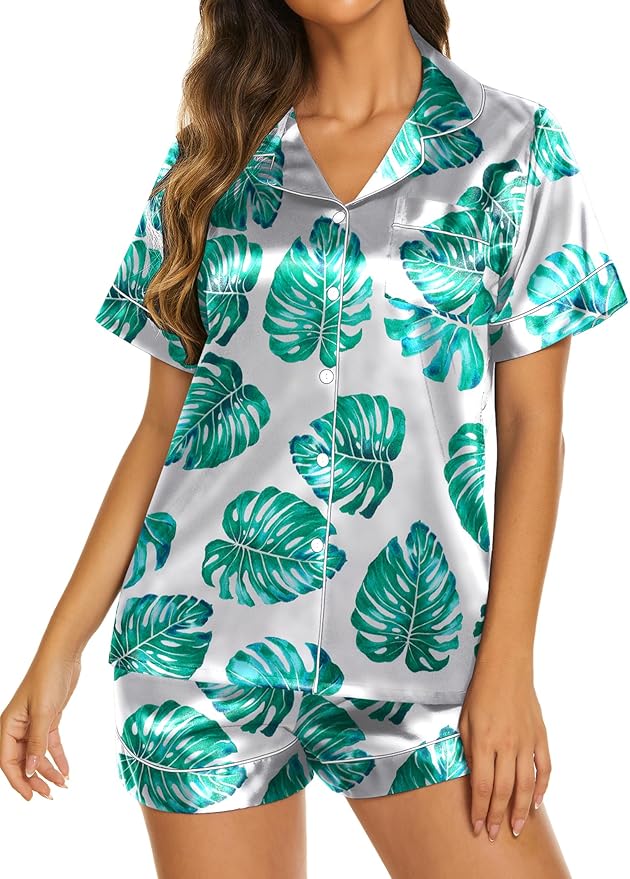 Ekouaer Silk Pajamas for Women Short Sleeve Sleepwear Soft Button Down Loungewear 2 Piece Satin Pjs Shorts Set S-XXL