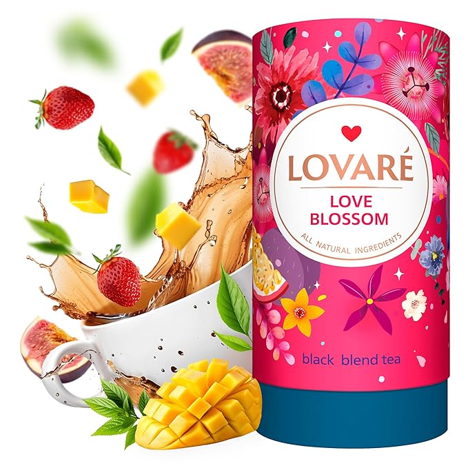 LOVARE Love Blossom Loose Leaf Tea 80 g - Made in Ukraine - Dry Fig, Mango, and Strawberry Pieces, Safflower Petals, Passion Fruit & Mango Flavors - Tea Lovers Gift Box with 15 Paper Filters