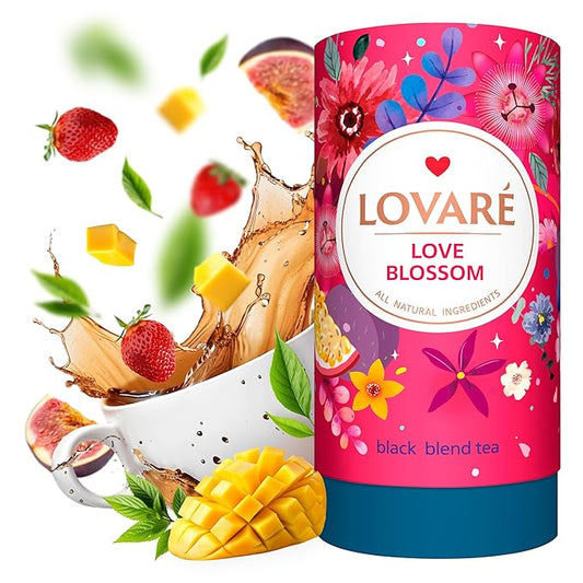 LOVARE Love Blossom Loose Leaf Tea 80 g - Made in Ukraine - Dry Fig, Mango, and Strawberry Pieces, Safflower Petals, Passion Fruit & Mango Flavors - Tea Lovers Gift Box with 15 Paper Filters